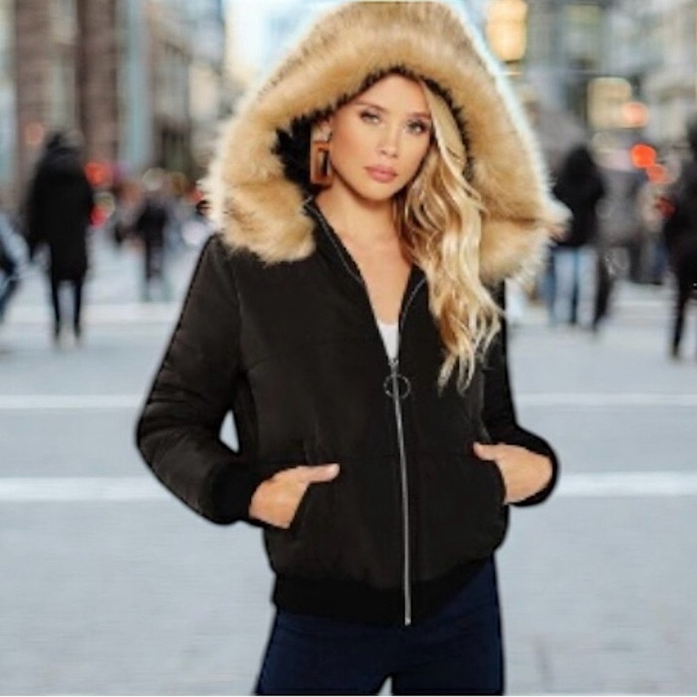 SHEIN Black Bomber Puffer Jacket with Faux Fur Hood Size Small S